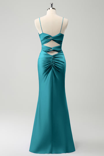 Vestido de dama de honor con tirantes de espagueti de sirena pavo real hueco en la parte delantera